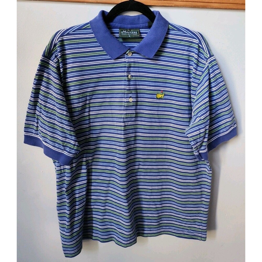 Masters Collection Mens Size M Blue & White Striped Polo Golf Shirt Short Sleeve
